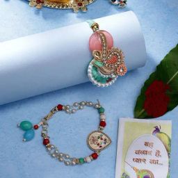 NVR Multicolor Stone-Studded & Beaded Bhaiya Bhabhi Rakhi with Roli Chawal - Set of 2-image-66