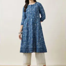 Soch Blue Cotton Printed A Line Kurta-image-81