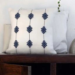 Peepul Tree White & Blue Pure Cotton Handwoven Cushion Cover-image-37