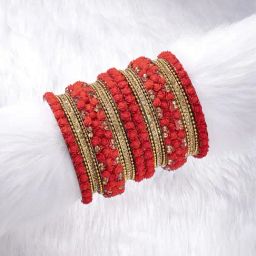 Peora Gold-Plated Red Flowers Chuda Bangle - Set of 18-image-56