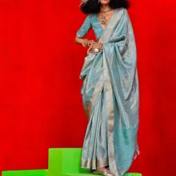 Vardha Teal Blue Striped Saree With Unstitched Blouse-image-64