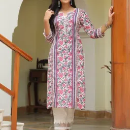Rain and Rainbow Pink Cotton Floral Print Straight Kurta-picture-4
