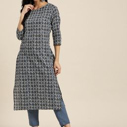 Sangria Women Black & Blue Cotton Printed Regular Pure Cotton Kurta with Trousers-picture-57