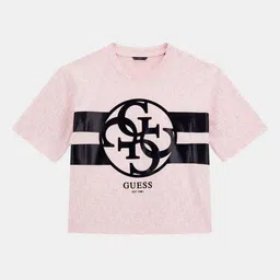GUESS kids Girls Brand Logo Printed Round Neck Cotton Boxy T-shirt-image-45