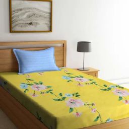 Klotthe Floral Yellow 300 TC Cotton Blend Single Book Fold Elastic Fitted Sheet with Pillow Cover-image-4