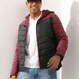 Campus Sutra Black & Maroon Regular Fit Colour Block Hooded Jacket-picture-10