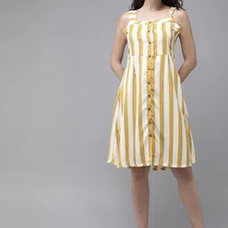 Roadster Women White Striped Fit and Flare Dress-image-68