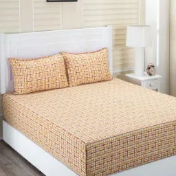 Inhouse Donatella Breeze Orange Print 210TC Cotton Double Bed Sheet With 2 Pillow Covers by maspar-43