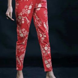 Fabnest Red Discharge Bird Print Straight Pants-image-37