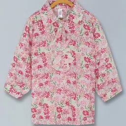 Kiddopanti Full Sleeves All Over Floral Printed Collared Top - White & Pink-picture-30