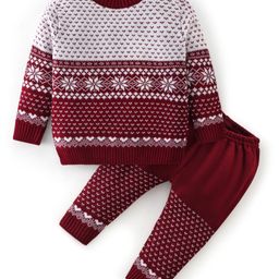 Babyhug 100% Acrylic Knit Full Sleeves Sweater Set Damask Design - Maroon-image-25