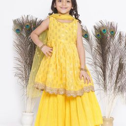 Little Bansi Sleeveless Banarasi Floral Motif Detailed Kurta With Lurxe Striped Sharara & Duppatta - Haldi Yellow-image-96