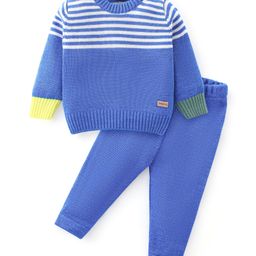 Babyhug Knitted Full Sleeves Striped Design Sweater Set - Blue-image-90