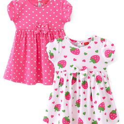 Babyhug Cotton Jersey Half Sleeves Frocks with Heart & Strawberry Print Pack Of 2 - Pink-image-44