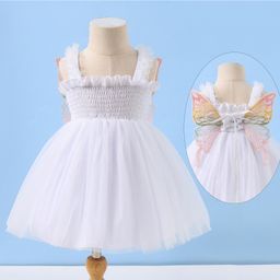 Kookie Kids Sleeveless Smoked Frock with Frill & Butterfly Wings  - White-image-22