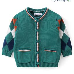 Babyoye 100% Cotton Knitted Full Sleeves Checkered Front Open Sweater with Pockets - Dark Green-13
