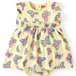 Babyhug 100% Cotton Knit Frill Sleeves Butterfly Printed Frock Style Onesie - Green-image-21