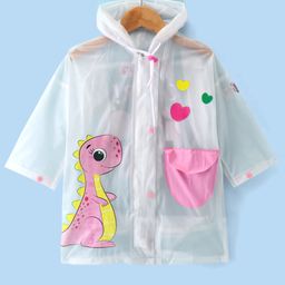 Babyhug Full Sleeves Below Knee Length Hooded Raincoat Dino Print - Pink-image-78