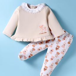 ToffyHouse Fleece Knit Full Sleeves Top & Footed Lounge Pant Set With Teddy Bear Print & Patch - Light Pink & White-image-9