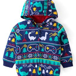 Babyhug Cotton Knit Full Sleeves Hooded Front Open Sweatjacket with Dino Print - Navy Blue-picture-16