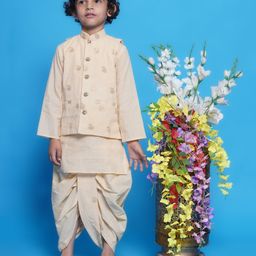 Little Bansi Cotton Full Sleeves Kurta With Paisley Foil Printed Coordinating Dhoti & Jacket Set - Cream-image-93