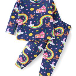 Babyhug Cotton Knit Full Sleeves Night Suit With Floral & Animal Print - Navy Blue-image-100