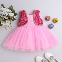 Many frocks & Sleeveless Dress With Brocade Lace Embellished Attached Shrug - Pink-image-88