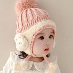 Ziory Cartoon Ear Protection Self Knit Designed Cap - Pink-2