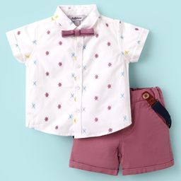 ToffyHouse Cotton Woven Half Sleeves Printed Shirt & Shorts Set with Bow & Suspender - Rose Gold & White-image-43
