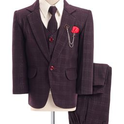 Rikidoos Cotton Full Sleeves 4 Piece Checked Coordinating Party Suit Set With Tie - Wine-image-63