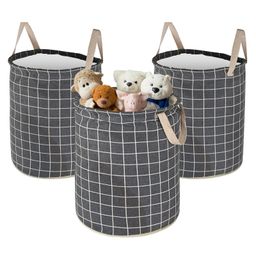 Kuber Industries Pack of 3 Cotton 45L Toys Organizer for Kids Room - Foldable Soft Toys Storage Bag/Basket/Container with Handles | Checks - Dark Grey-12