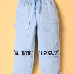 Olio Kids Cotton Woven Full Length Trouser With Text Embroidery - Light Blue-image-43