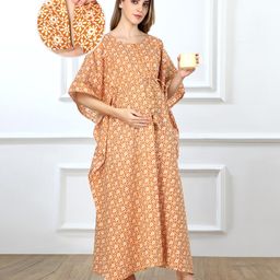 Bella Mama Cotton Woven Half Sleeves Kaftan Nighty with Floral Print - Tan-image-42