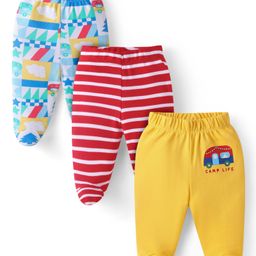 Babyhug Interlock Knit Bootie Leggings with Stripes & Bus Print Pack of 3 - Yellow Light Blue & Pink-image-8