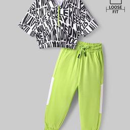 Ollington St. Cotton Half Sleeves Text Printed Top & Knit Cargo Joggers Set - White & Lime Green-picture-15