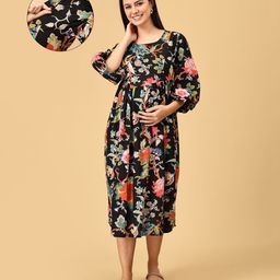 The Mom Store Cotton Three Fourth Balloon Sleeves Floral Printed Maternity Dress With Nursing Access - Multi Colour-image-116