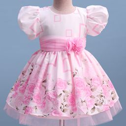 Mark & Mia Woven Half Puffed Sleeves Party Dress With Floral Print & Applique - Pink-image-65