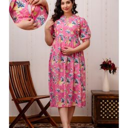 CeleBravo Cotton Half Sleeves Floral Printed Maternity Dress With Nursing Access - Pink-image-61