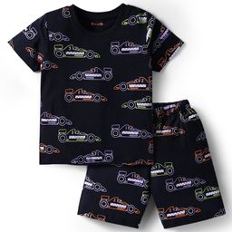 Kookie Kids Single Jersey Knit Half Sleeves Shorts Co-Ord Night Suit With Car Print - Navy Blue-picture-3