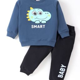 Mark & Mia Terry Knit Full Sleeves Winter Wear T-Shirt & Lounge Pant Set With Animal Patch & Baby Print - Navy Blue & Black-image-15