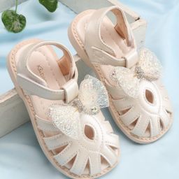 Babyoye Velcro Closure Sandals with Bow Applique - Beige-image-6
