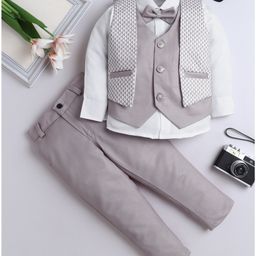 Fourfolds Cotton Full Sleeves Geometric Printed 3 Piece Party Suit With Bow Set - Light Brown-14