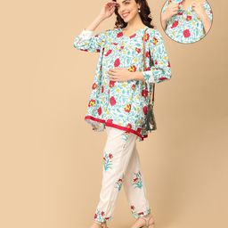 The Mom Store Cotton Knit Three Fourth Sleeves Floral Swirl Printed Maternity Kurta With Nursing Access & Coordinating Pant - Multi Colour-image-37