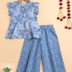 The Magic Wand Cotton Woven Frill Sleeveless Floral Printed Top & Palazzo Set - Blue-picture-1