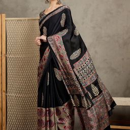 all about you Women Floral Pure Crepe Block Print Saree-57