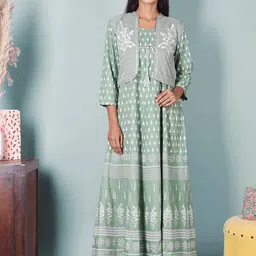 Indiwest Light Green Printed Rayon Kurta With Embroidered Jacket-picture-3