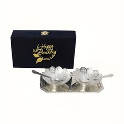 INTERNATIONAL GIFT Silver-Toned 6 PCS Textured Bowl Set With Tray & Spoons With Velvet Box-26