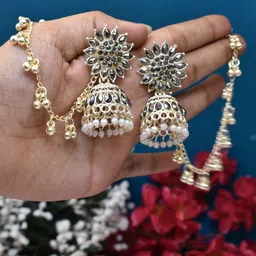 MEIRA JEWELLERY Silver-Plated Artificial Studded & Beaded Oxidised Dome Shaped Jhumkas-image-45