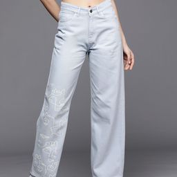 SASSAFRAS Women Blue Straight Fit High-Rise Line Art Print Jeans-image-7