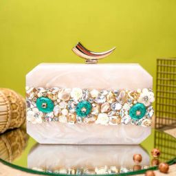 NR by Nidhi Rathi Beige Fabric Embellished Clutch-image-64